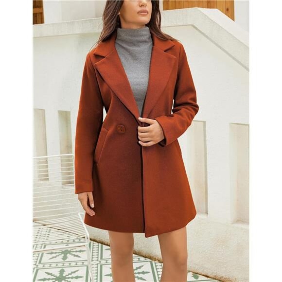 Women's Wool Pea Coat Notched Collar Double Breasted Orange